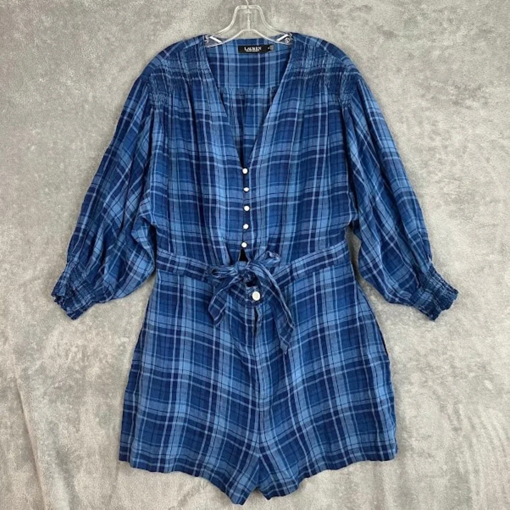 Ralph Lauren Black Label Romper Womens 14 Plaid 100% Linen Boho Cottagecore Boho